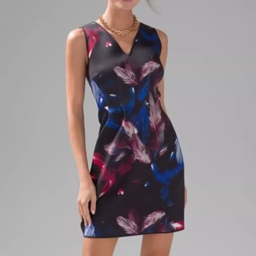 WHBM V-Neck Scuba Dress - Falling Feathers Black 10